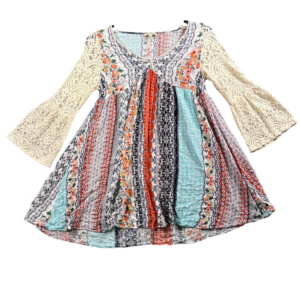 Kori Tunic Top Womens S Boho Patchwork Babydoll Lace Bell Sleeve Cottagecore